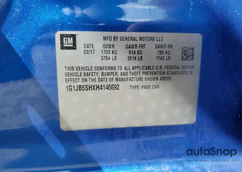 2017 Chevrolet Sonic Ls from USA, damaged, VIN 1G1JB5SHXH4146692